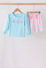Blue bow french knot plaid skorts set