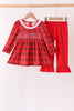 Red Plaid Bow Smocked Ruffle Pants Set