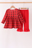 Red Plaid Bow Smocked Ruffle Pants Set