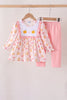 Pink pumpkin bow embroidery ruffle pants set