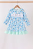 Blue goose bow embroidery ruffle dress
