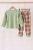 Sage deer embroidery plaid pants set