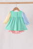 Colorblock character applique ruffle bubble