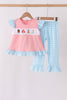 Pink Princess Embroidery Stripe Ruffle Pants Set