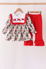 Red Bow Embroidery Velvet Ruffle Pants Set