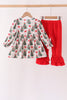 Red Bow Embroidery Velvet Ruffle Pants Set