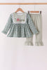 Green Farm Floral Embroidery Ruffle Pants Set