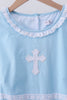 Blue cross embroidery ruffle tiered dress