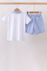 Blue gingham pumpkin embroidery shorts set