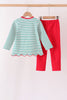 Green stripe gingerbread embroidery scalloped pants set