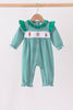 Green gingerbread embroidery stripe ruffle romper