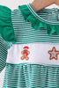 Green gingerbread embroidery stripe ruffle romper
