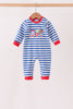 Blue stripe train gingerbread embroidery romper