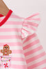 Pink gingerbread embroidery stripe ruffle romper