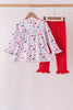 Red holly print ruffle pants set