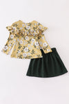 Mustard floral print ruffle girl skirt set