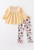 Yellow floral embroidery ruffle girl set