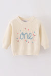 White hand-embroidery one&two pullover sweater