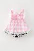 Pink Gingham Romper Dress with black & white cow print hem