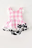 Pink Gingham Romper Dress with black & white cow print hem
