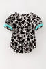 Cow Printed Baby Romper with Aqua Ruffle Hem
