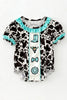 Cow Printed Baby Romper with Aqua Ruffle Hem