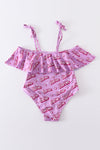 Pink barbie print strap girl swimsuit one piece UPF50+