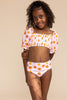 Orange floral print smocked 2pc girl swimsuit (size run small, go up 2-3 sizes)