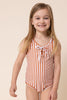 Terracotta stripe tie one piece girl swimsuit