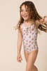 Brown floral print tie one piece girl swimsuit
