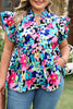 Blue Floral Flutter Sleeve Tied Notched Neck Plus Size Blouse