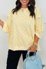 Gray Polka Dot Print Piping Trim 3/4 Sleeve Relaxed Top