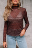 Coffee Sheer Mesh Patterned Lettuce Trim Slim Long Sleeve Top