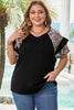 Black Leopard Ruffle Patchwork Sleeve Plus Size Summer Top