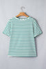 Green Stripe Scalloped Trim Round Neck T Shirt