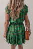 Green Floral Tie Split Neck Frilly Ruffle Trim Tiered Short Dress