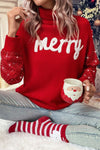 Racing Red Merry Graphic Sequin Sleeves Christmas Turtleneck Sweater