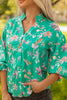 Green Floral Lantern Sleeve Button Front Shirt