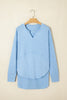 Smoke Green Notched Neck Terry Raw Hem Long Sleeve Top