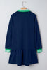 Navy Blue Contrast Striped Cuffs Polo Collar Patchwork Long Sleeve Ruffle Hem Mini Dress