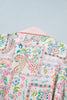 Pink Boho Floral Print Color Block Trim Half Button Belted Mini Dress