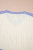 White Striped V Neck Dolman Sleeve Rib Knit Oversized Sweater with Slits