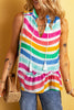 Rose Red Rainbow Stripes Ruffled Hem Drawstring V Neck Tank Top