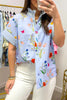 Beige Floral Striped Patchwork Ruffled Collar Short Sleeve Shirt