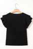 Black Textured Ruffled Sleeve Round Neck Top