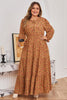 Brown Plus Size Floral Split V Neck Ruffled Sleeve Tiered Maxi Dress