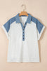 Beige Plus Size Contrast Denim Patchwork Cuffed Sleeve Polo Tee