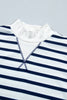 Blue Stripe Striped Stand Neck Long Sleeve Ribbed Cuff Hem Sweatshirt