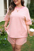 Green Stripe Boxy Tee Drawstring Elastic Waist Plus Size Short Set