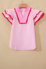 Pink Eyelet Embroidered Flower Texture Contrast Lace Trim Flutter Sleeve Blouse